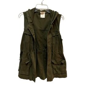 Hooded Utility Vest Women's Olive Green Sleeveless Drawstring‎ Pockets Outdoor M